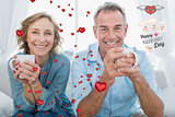 Composite image of smiling middle aged couple sitting on the couch having coffee