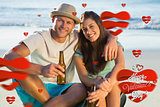 Composite image of smiling couple embracing while having a drink together
