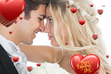 Composite image of happy young married couple looking each other in the face