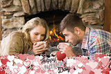 Composite image of romantic couple drinking tea in front of lit fireplace