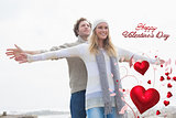 Composite image of happy casual young couple stretching hands out