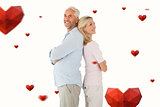 Composite image of smiling couple standing leaning backs together