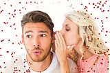 Composite image of attractive blonde whispering secret to boyfriend