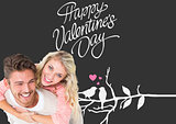 Composite image of handsome man giving piggy back to his girlfriend