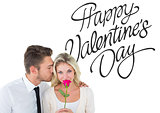 Composite image of handsome man kissing girlfriend on cheek holding a rose
