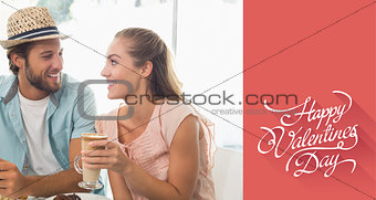 Composite image of happy couple enjoying coffee and cake