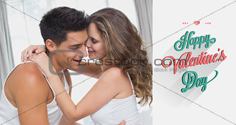 Composite image of couple sitting in bed at home