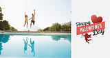 Composite image of cheerful couple jumping into swimming pool