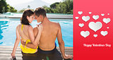 Composite image of couple sitting by swimming pool on a sunny day