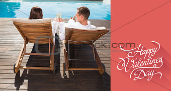 Composite image of couple toasting champagne by swimming pool