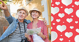 Composite image of happy tourist couple looking at map on a bench in the city