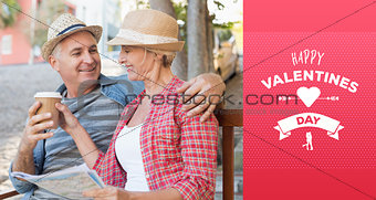 Composite image of happy tourist couple drinking coffee on a bench in the city