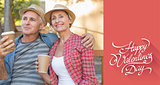 Composite image of happy mature couple drinking coffee on a bench in the city