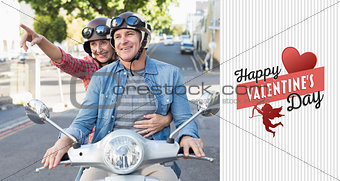 Composite image of happy mature couple riding a scooter in the city