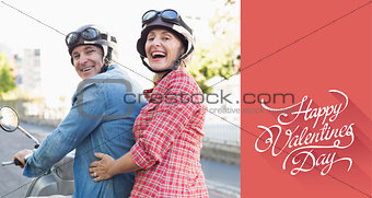 Composite image of happy mature couple riding a scooter in the city