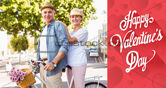 Composite image of happy mature couple going for a bike ride in the city