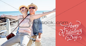 Composite image of happy casual couple going for a bike ride on the pier