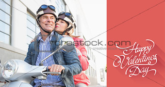 Composite image of happy senior couple riding a moped