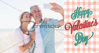 Composite image of happy senior couple posing for a selfie