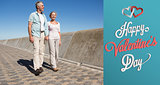 Composite image of happy senior couple walking on the pier