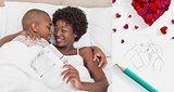 Composite image of happy couple lying in bed cuddling