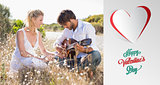 Composite image of handsome man serenading his girlfriend with guitar