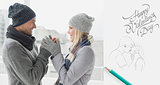 Composite image of cute couple in warm clothing smiling at each other