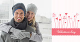 Composite image of cute couple in warm clothing hugging smiling at camera