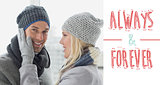Composite image of cute couple in warm clothing hugging