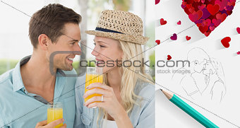 Composite image of hip young couple drinking orange juice together