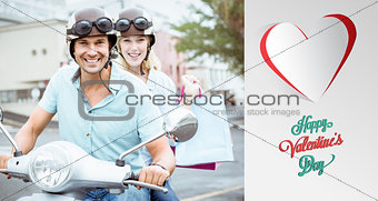 Composite image of hip young couple riding scooter with shopping bags