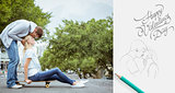 Composite image of hip young blonde sitting on skateboard with boyfriend kissing forehead