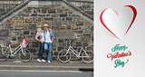Composite image of hip young couple standing by brick wall with their bikes