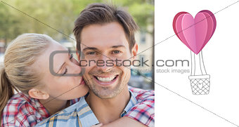 Composite image of young hip woman giving boyfriend kiss on the cheek