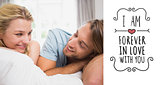 Composite image of happy couple relaxing on bed smiling at each other