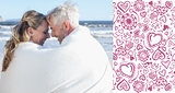 Composite image of couple sitting on the beach under blanket smiling at each other