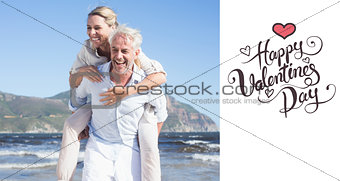 Composite image of man giving his laughing wife a piggy back at the beach