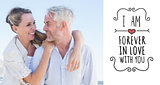 Composite image of attractive married couple hugging at the beach