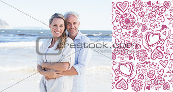 Composite image of happy couple hugging on the beach woman looking at camera