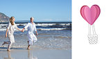 Composite image of happy couple skipping barefoot on the beach