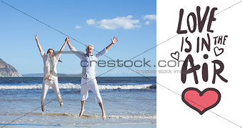 Composite image of happy couple jumping up barefoot on the beach
