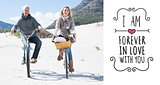 Composite image of carefree couple going for a bike ride and picnic on the beach