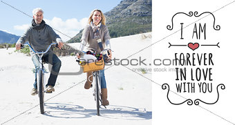 Composite image of carefree couple going for a bike ride and picnic on the beach