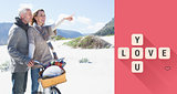 Composite image of carefree couple going on a bike ride and picnic on the beach