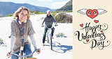 Composite image of carefree couple going on a bike ride on the beach
