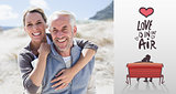 Composite image of happy hugging couple on the beach looking at camera