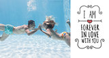 Composite image of cute couple kissing underwater in the swimming pool