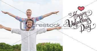 Composite image of cute couple standing outside with arms outstretched