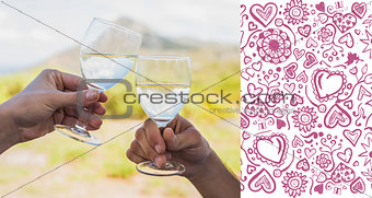Composite image of couple clinking wine glasses outside