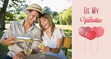 Composite image of cute couple drinking white wine together outside